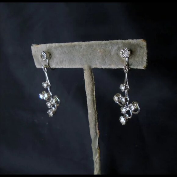 Vintage Rhinestone Screwback Drop Earrings, 50s Dangles In Jewelry Gift Box - Picture 5 of 15
